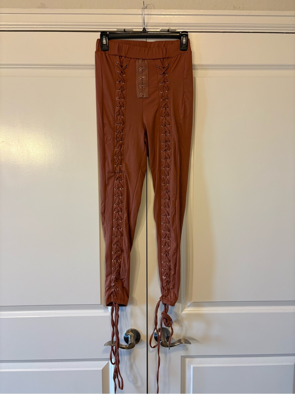 Club L London Rust Brown Lace-Up Faux Leather Leggings